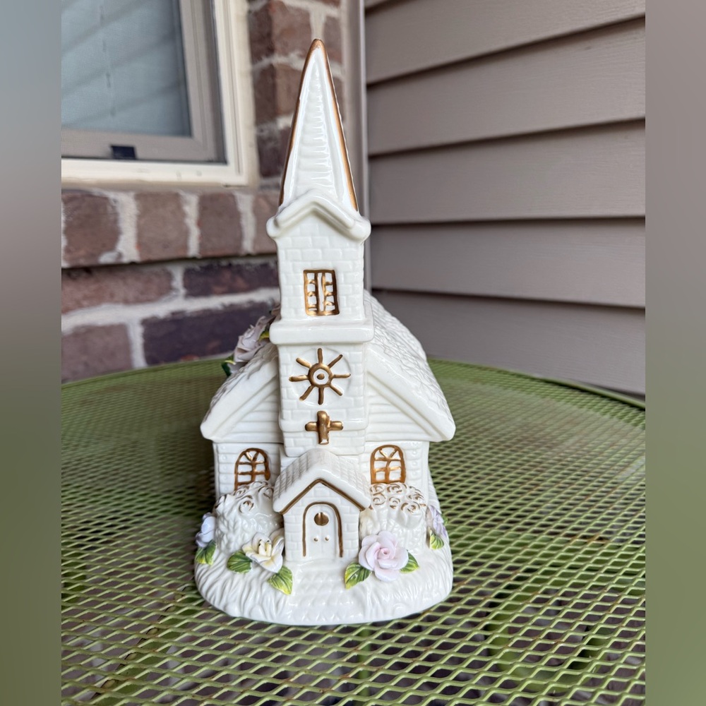 Vintage Porcelain Church Music And Trinket Box Working Condition 10.75” Tall